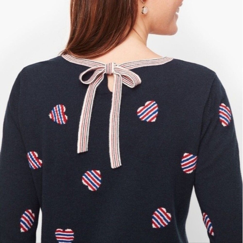 Coastal Quiet Luxury Talbots Blue Sweater Heart Print Bow Tie Back - Size XP NEW